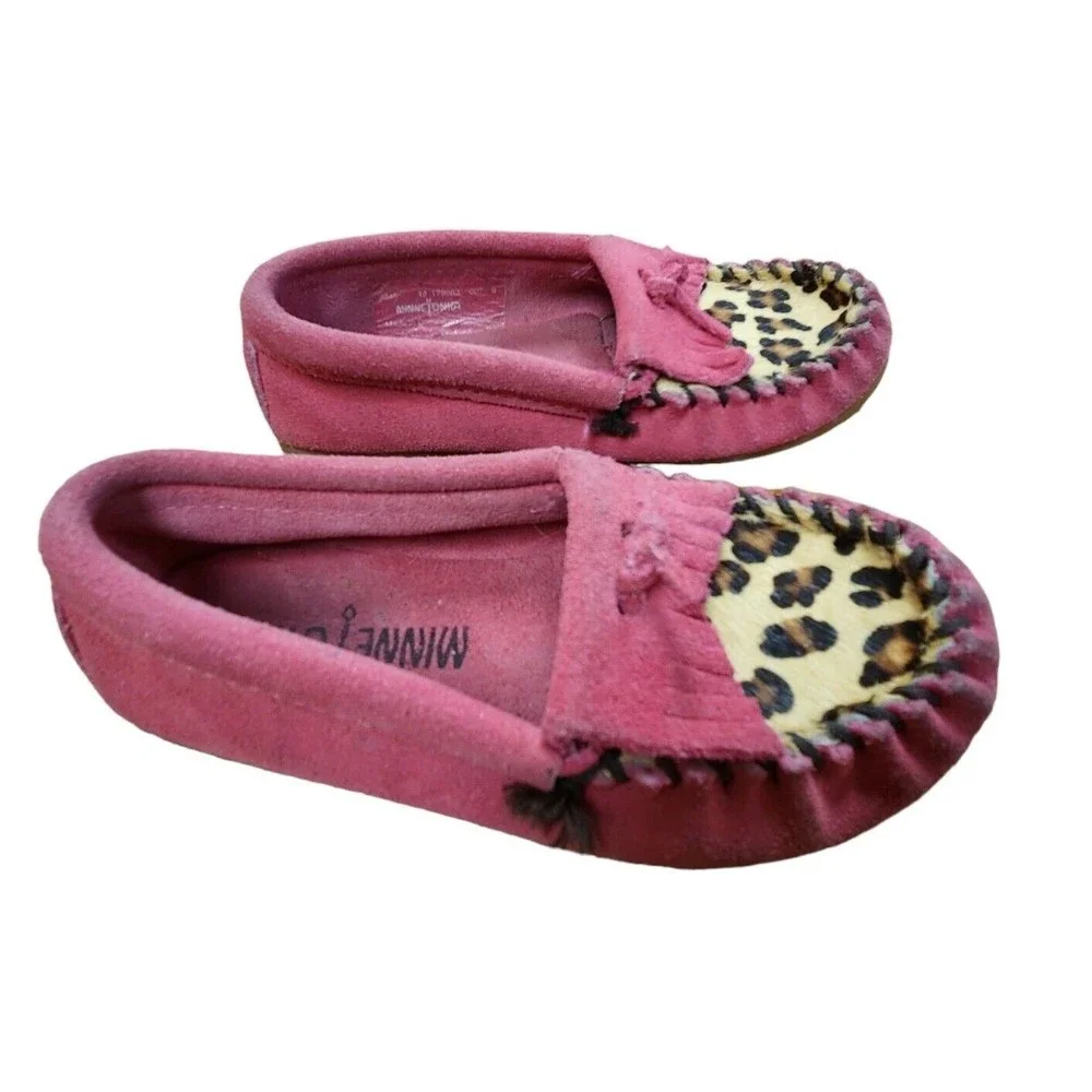 Minnetonka Moccasins Pink Leopard Print Shoes Leather Suede Kids Size 10 Girls